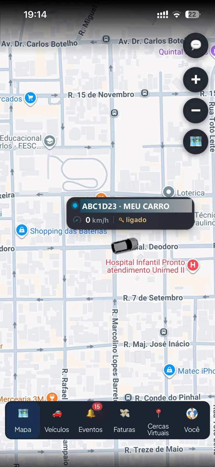 Mapa com o veículo em tempo real no aplicativo