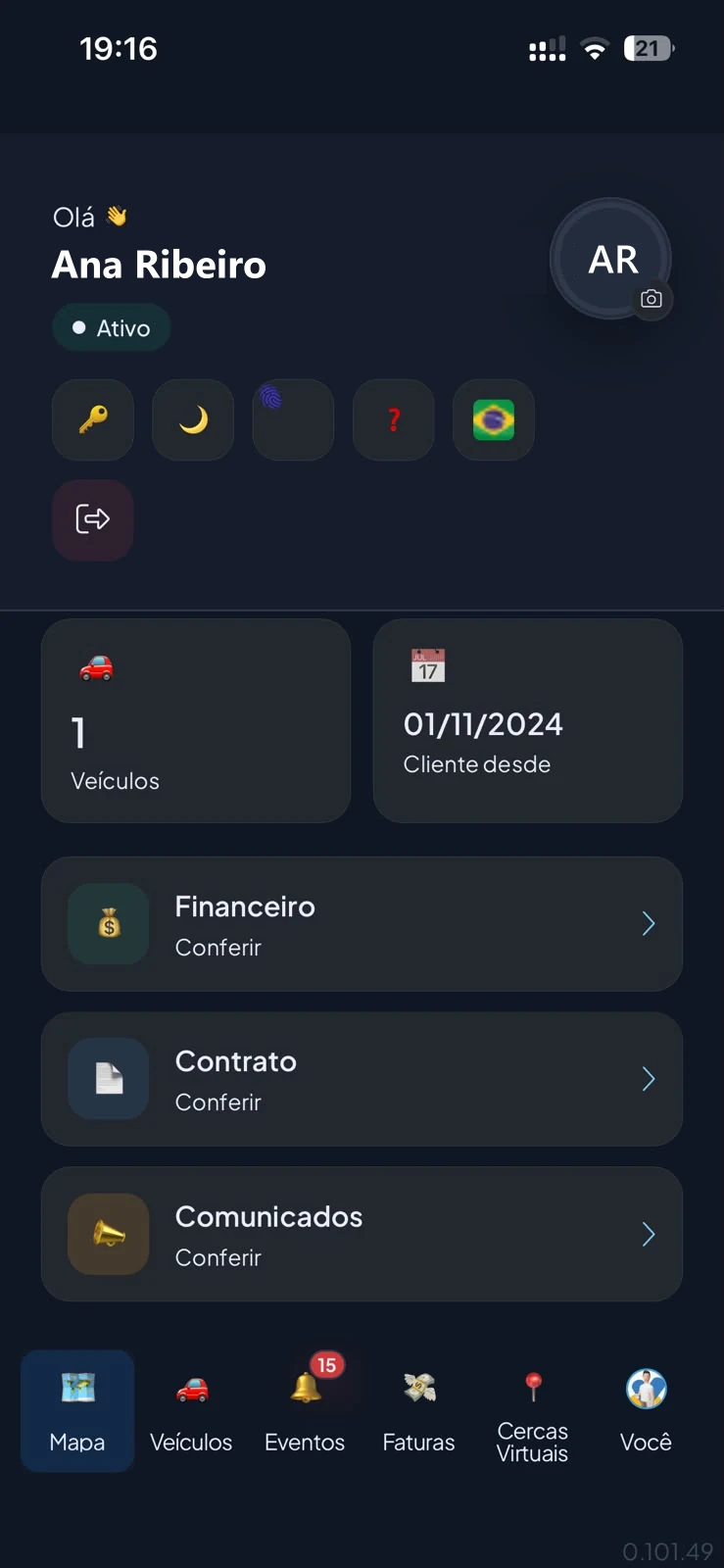 Tela de conta no aplicativo