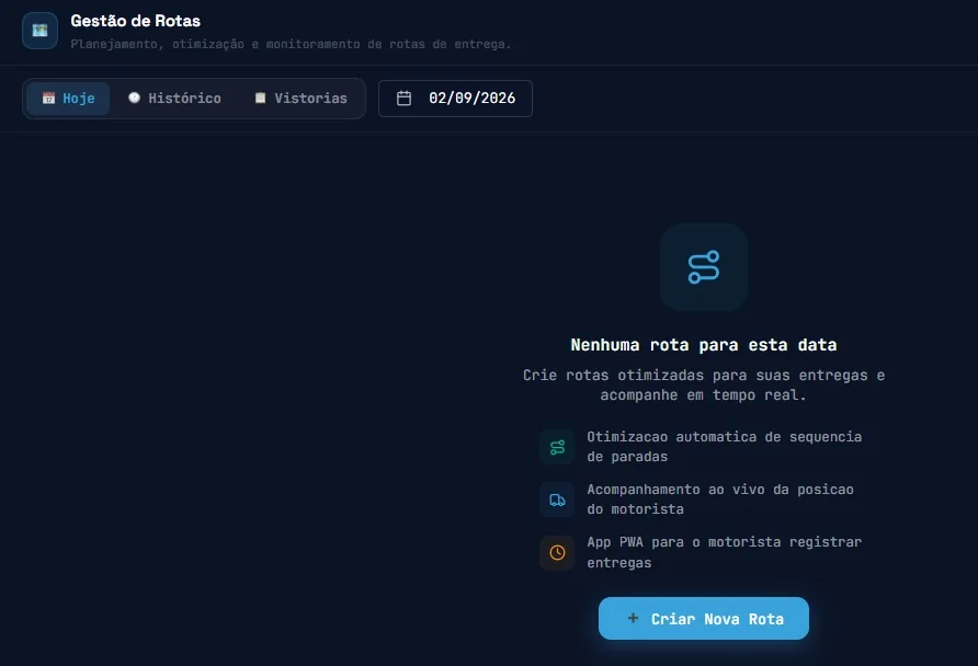 Tela de roteirização de a a b na plataforma